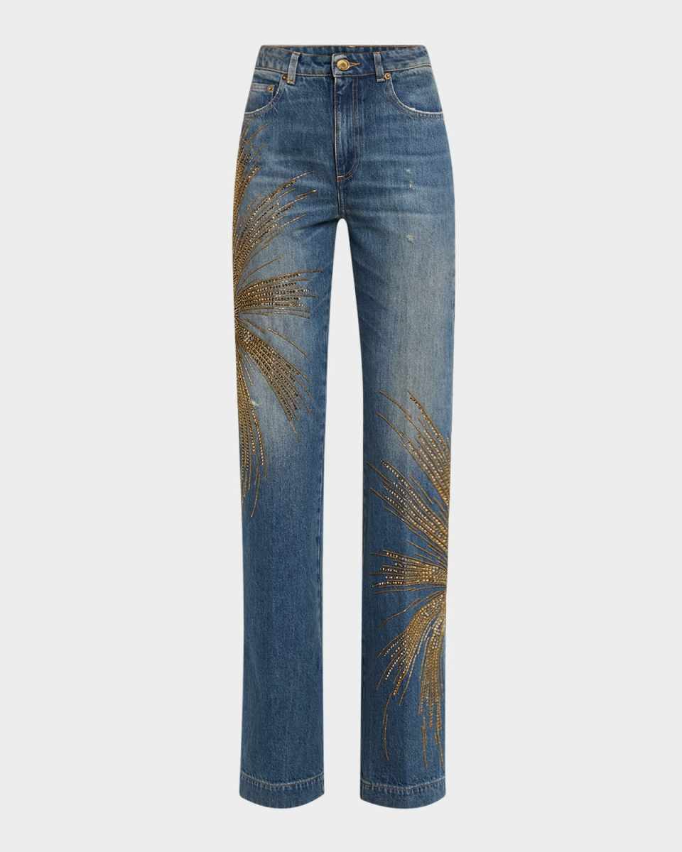 Beaded Straight-Leg Denim Trousers